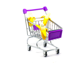 mini supermarket shopping cart purple color on white background, holiday sale and online shopping concept, selective focus, copy space,save money