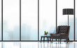 © onzon - Modern living room 3D rendering image.There are white floor.Furnished with black wood and leather furniture .There are large windows look out to see the city background in the fog