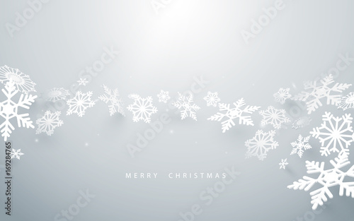Plakat Wesołych Świąt i Szczęśliwego Nowego Roku. Streszczenie płatki śniegu na białym tle