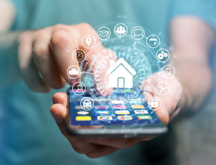 Poster - Home button of a technology interface surrounded by application - technology app concept
