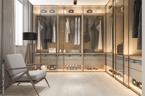Fotografía 3d rendering minimal scandinavian wood walk in closet with wardrobe