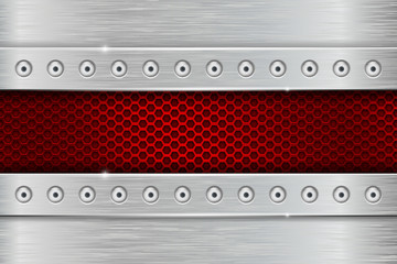 Wall Mural - Metal texture with brushed iron plate with rivets and red perforation