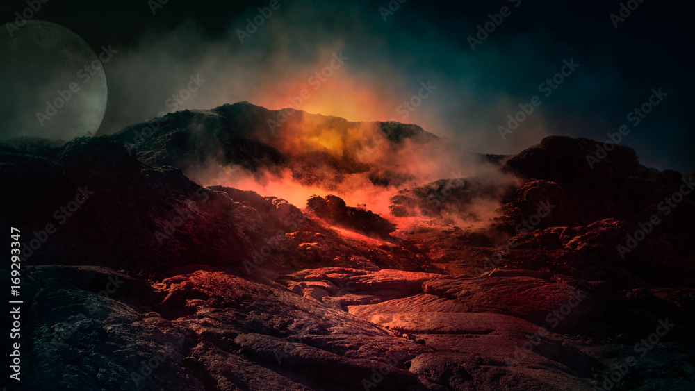 Fantasy close up scene of active volcano with fire, ice and smoke on the top. Iceland, Europe. - obrazy, fototapety, plakaty 