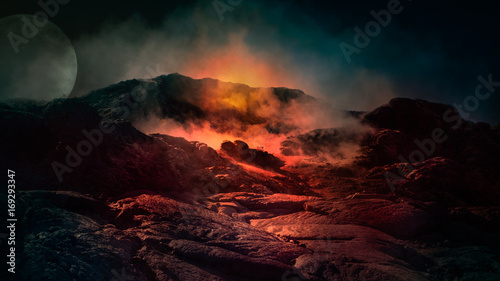 Fotomural Fantasy close up scene of active volcano with fire, ice and smoke on the top