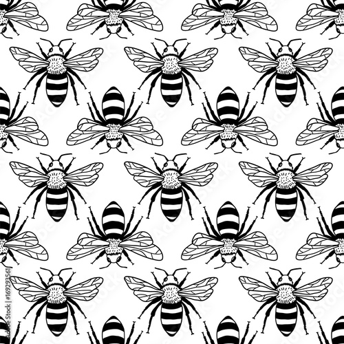 Cotton fabric Vector seamless pattern with bees. Black and yellow texture