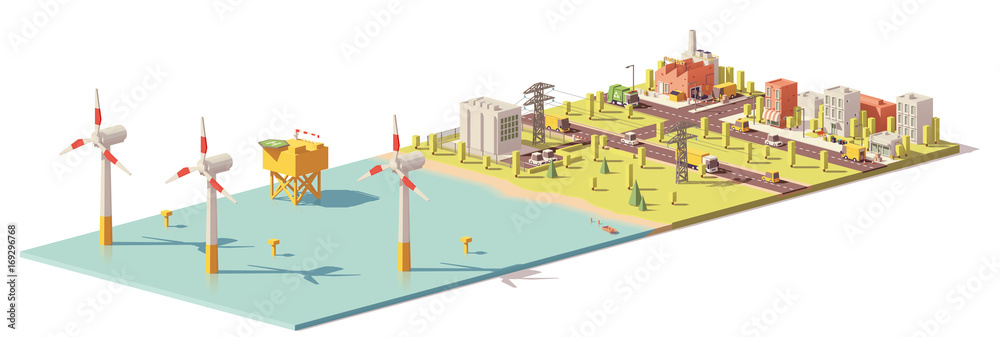 Vector low poly wind turbines power plant Stock Vector | Adobe Stock