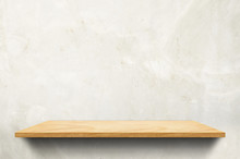 Empty Wood Board Shelf At Concrete Wall Background,Mock Up For Display Or Montage Of Product Or Design