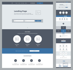 Wall Mural - One page design template for business. Landing page wireframe. Ux ui: about, advantages, video, subscribe, features, testimonials, order, gallery, works, certificates, partners, contacts, email, form.