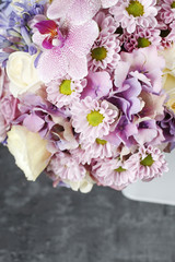  Lovely bouquet of pink orchids, chrysanthemums and hortensias