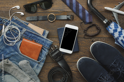 Flat Lay Of Accessories Fashion Men Clothing With Technology