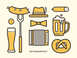 Set icons for beer festival on light background. Object on theme Oktoberfest: beer mug, sausage, pretzel, bavarian hat, accordion.