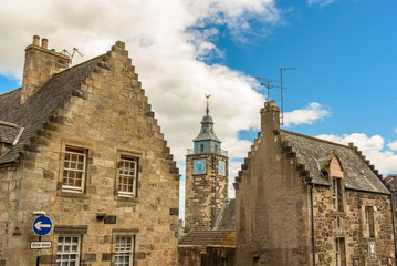 View of the medieval old town of Stirling in Scotland with the clock tower