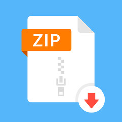 Aufkleber - Download ZIP icon. File with ZIP label and down arrow sign. Archive file format. Downloading document concept. Flat design vector icon