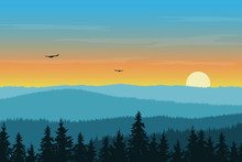 Vector Illustration Of Mountain Landscape With Forest In Fog Under Morning Orange Sky With Rising Sun