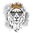 Ethnic hand drawing head of lion wearing crown  in the glasses. It can be used for print, posters, t-shirts. Vector illustration