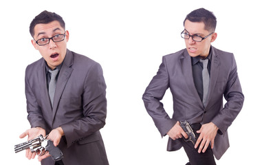 Wall Mural - Funny businessman with gun on white