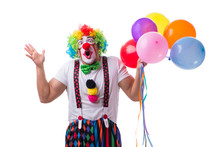 Funny Clown With Balloons Isolated On White Background