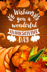 Sticker - Thanksgiving cornucopia on wood background poster