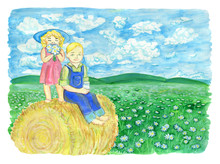 Cute Siblings Drinking Milk And Sitting On The Haystack, With Copyspace