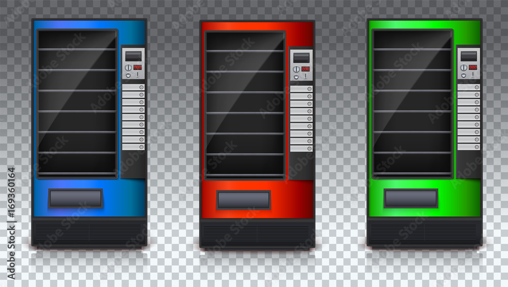 Vending Machine for snacks or soda, food and drink with empty shelves. Set of colored automat. Vending Machine of green, red and blue color. 3D illustration isolated on transparent background - obrazy, fototapety, plakaty 