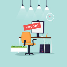 Vacant Workplace. Office Desk With Computer, Chair. Interior. Flat Design Vector Illustration.