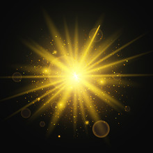 Light Effect. Star Burst With Sparkles. Gold Glitter Texture On Black Background. Vector Illustration