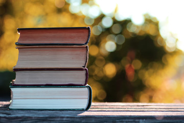 Canvas Print - autumn book stack wooden outdoor