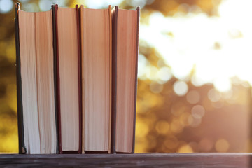 Canvas Print - autumn book stack wooden outdoor