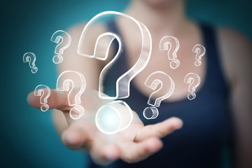 Poster - Businesswoman touching and holding hand drawn question marks