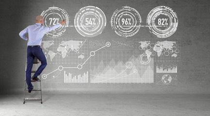 Poster - Businessman using graph screens interface on a wall 3D rendering