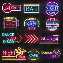 Sticker - Vintage cafe and night club roadside neon signs vector set