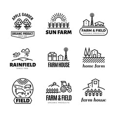 Sticker - Retro farm and organic products vector emblems and logos. Vintage line farming labels