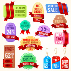 Canvas Print - Sale and discount price tags, ribbon banners with promo text. Promotion badges vector set