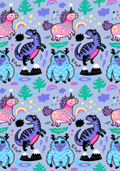 Wall Mural - Adorable wallpaper in the childish style with unicorn, yeti, dino