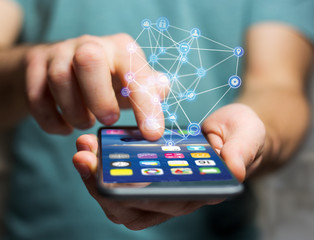 Poster - Business network connection displayed on a futuristic interface with technology icon - Worldwide business concept