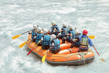 Group Of People Rafting On White Water, Active Vacations, Team Concept