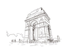 Hand Drawn Sketch Illustration Of India Gate, 42 Meter High, Eastern End Of The Rajpath, New Delhi, Delhi, India, Asia In Vector.