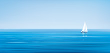 Vector Blue Sea, Sky  Background And Yacht.