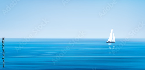 Zdjęcie XXL Wektorowy błękitny morze, nieba tło i jacht.