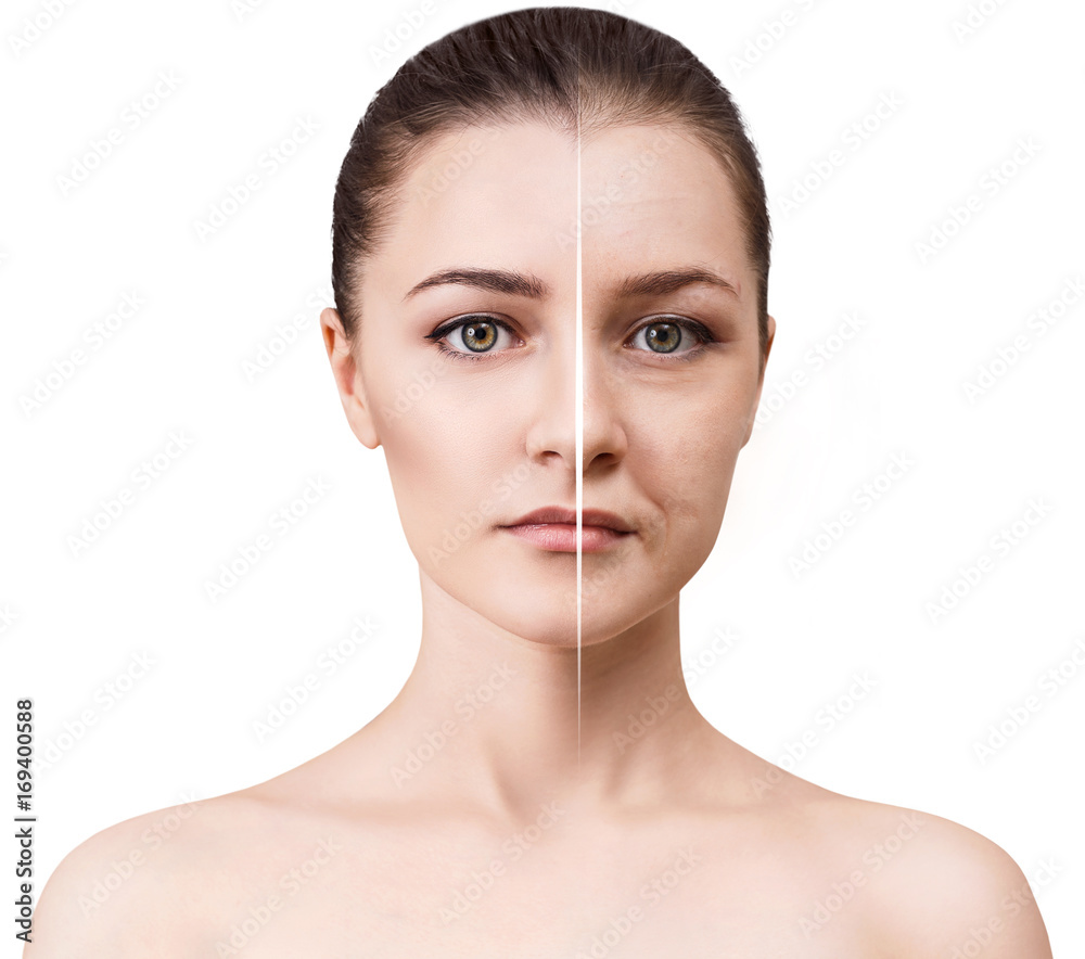 Woman's face before and after rejuvenation. - obrazy, fototapety, plakaty 