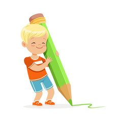 Wall Mural - Cute little boy writing with a giant green pencil cartoon vector Illustration