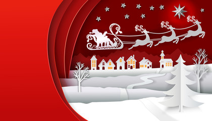 Wall Mural - Christmas paper art with Santa Claus and his deers run on the sky. Red and white color vector illustration. Paper cut layers. Place for text. Snow, house, stars and christmas tree on winter background