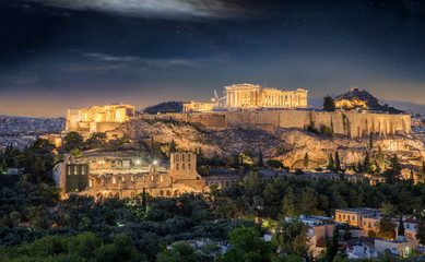 Wall Mural - Die Akropolis von Athen mit Sternenhimmel bei Nacht, Griechenland
