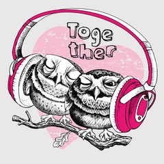 Image of two little owls with headphones sitting on a oak branch together on pink background. Vector illustration.