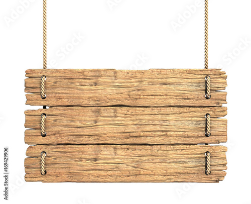 Wooden medieval sign board hanging on rope isolated on white 3d rendering © koya979