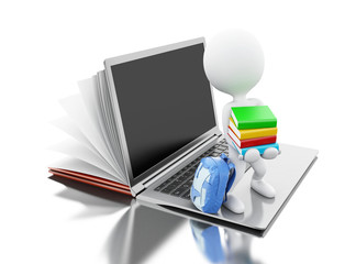 Poster - 3d Open book turns into an open laptop with white peple