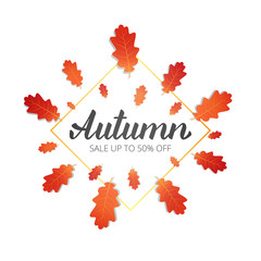 Wall Mural - Autumn. Sale banner with trendy Autumn lettering and oak leaves