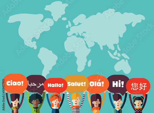 Fotografía Group of happy smiling young people with speech bubbles in different languages