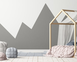 Wall Mural - Mock up poster in the children's bedroom with a canopy. Scandinavian style. 3d