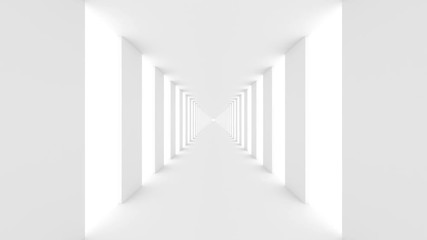 Futuristic empty white corridor with rectangular walls and bright light. Smooth camera motion forward, seamless looping animation. 3D Rendering.